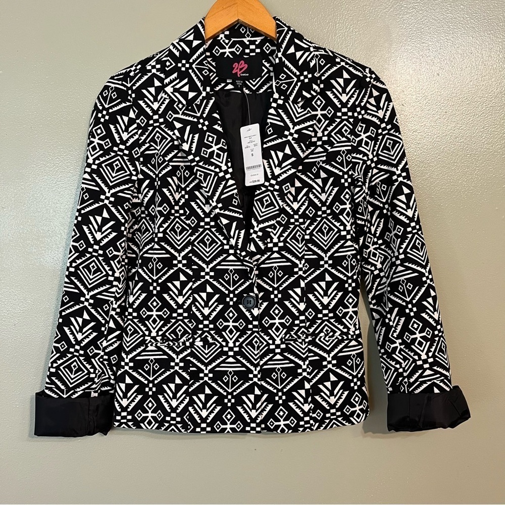 Bebe Womens Cotton Lined 1Button White Black Print Boho Blazer Fall S NWT